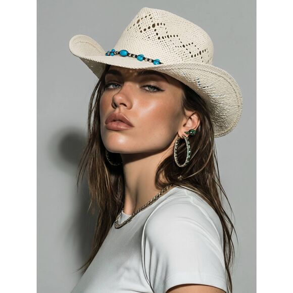 ?NIB White & Turquoise Beaded Straw Cowgirl Hat main image 9